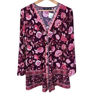 Susan Graver Small 6 /8 Cardigan Lightweight Woven Floral Wine Button Front NEW